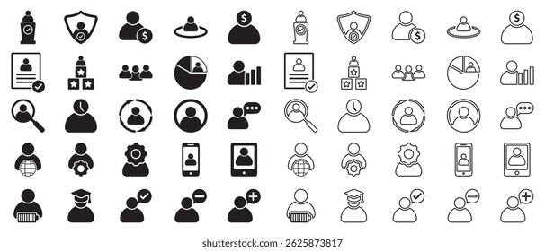 Symbolsatz für Benutzerprofil und Verifizierung - Solid- und Outline-Stile für die Identitäts- und Zugriffsverwaltung