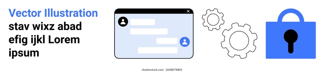 User profile window with text bubbles, two cogwheels representing settings, and a security lock. Ideal for cybersecurity, user authentication, software settings, web design, privacy features, tech