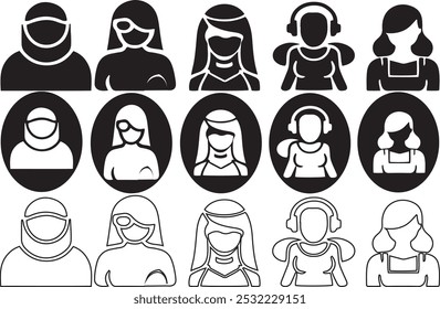 User profile woman icon set. Fill, circle and outline style silhouette, hijab woman, avatar, sign up button vector illustration.