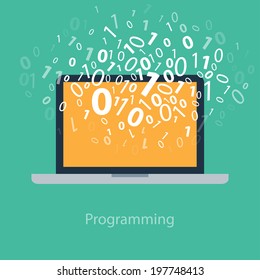 User programming coding binary code on notebook. Icon for web, blog, seo, social media, internet advertising. Flat design