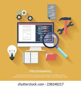 User programming coding in flat design stylish. Icons for application development or software app programming. Web, database, software development