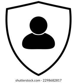User protection icon, flat style black color shield sign with man, person symbol, profile avatar for account, customer guard idea, concept. Beautiful vector illustration isolated on white background.