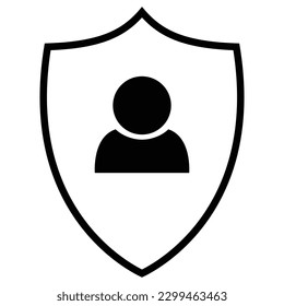 User protection icon, flat style black color shield sign with man, person symbol, profile avatar for account, customer guard idea, concept. Trendy vector illustration isolated on white background.