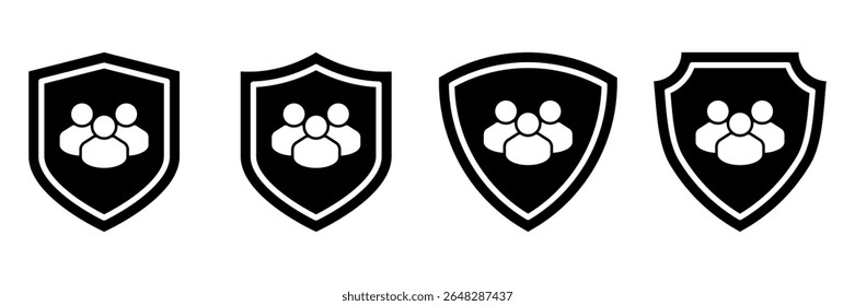 User protection icons. Black shields with group symbols representing online safety, privacy protection, secure access, data defense, social security and user privacy for websites and apps.