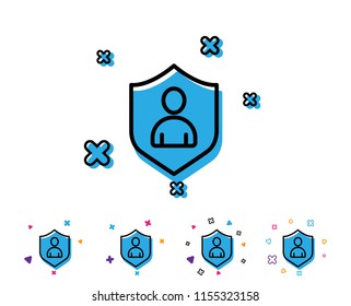 User Protection line icon. Profile Avatar with shield sign. Person silhouette symbol. Line icon with geometric elements. Bright colourful design. Vector