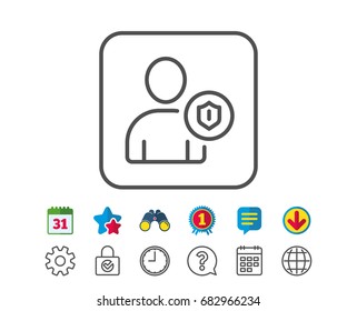 User Protection line icon. Profile Avatar with shield sign. Person silhouette symbol. Calendar, Globe and Chat line signs. Binoculars, Award and Download icons. Editable stroke. Vector
