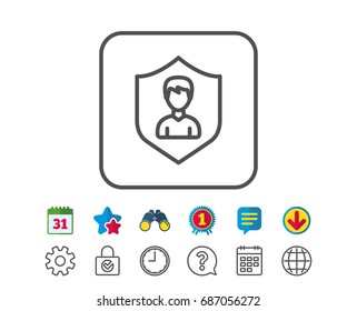 User Protection line icon. Profile Avatar with shield sign. Male Person silhouette symbol. Calendar, Globe and Chat line signs. Binoculars, Award and Download icons. Editable stroke. Vector