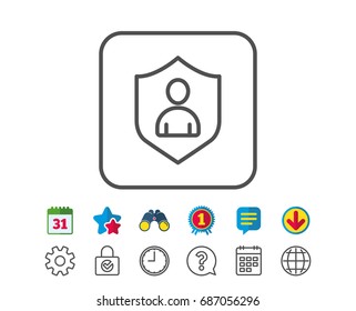 User Protection line icon. Profile Avatar with shield sign. Person silhouette symbol. Calendar, Globe and Chat line signs. Binoculars, Award and Download icons. Editable stroke. Vector