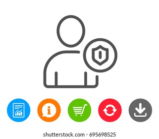 User Protection line icon. Profile Avatar with shield sign. Person silhouette symbol. Report, Information and Refresh line signs. Shopping cart and Download icons. Editable stroke. Vector