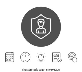 User Protection line icon. Profile Avatar with shield sign. Male Person silhouette symbol. Report, Clock and Calendar line signs. Light bulb and Click icons. Editable stroke. Vector