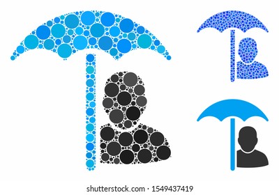 User protection umbrella mosaic of filled circles in various sizes and color tinges, based on user protection umbrella icon. Vector round elements are combined into blue mosaic.