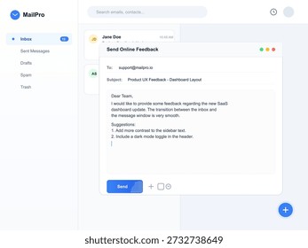 O usuário fornece comentários sobre o layout de um painel SaaS. As sugestões incluem adicionar mais contatos à barra lateral e alternar o modo escuro no cabeçalho para uma melhor usabilidade.
