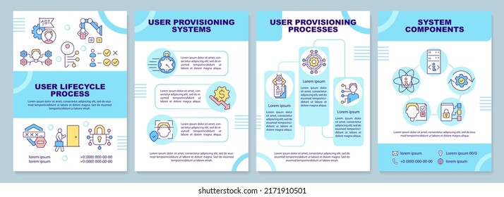 User provisioning software blue brochure template. System work. Leaflet design with linear icons. Editable 4 vector layouts for presentation, annual reports. Arial-Black, Myriad Pro-Regular fonts used