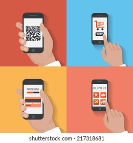 User purchase in the online store Flat design modern vector illustration icons in stylish colors of hand touch screen with business icons, mobile phone scanning qr-code and wireless e-commerce usage.