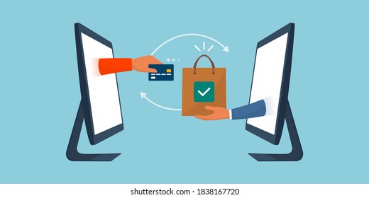 User purchasing an item and seller giving a shopping bag, online shopping and electronic payments concept