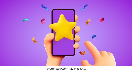 User puts an excellent rating in the mobile application. Cartoon hands with smartphone and rating star. Vector illustration