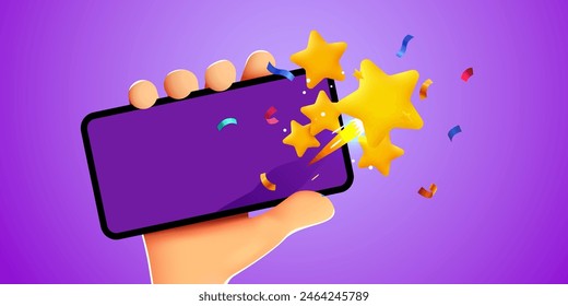 User puts an excellent rating in the mobile application. Cartoon hands with smartphone and rating star. Vector illustration