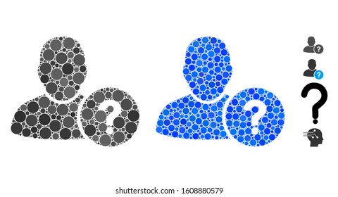 User question composition of filled circles in different sizes and color hues, based on user question icon. Vector dots are grouped into blue composition.