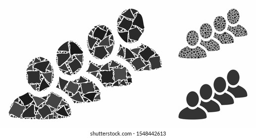 User queue mosaic of unequal pieces in variable sizes and color tints, based on user queue icon. Vector unequal dots are grouped into collage. User queue icons collage with dotted pattern.