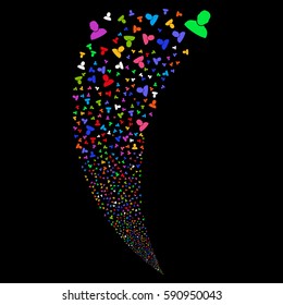 User random fireworks stream. Vector illustration style is flat bright multicolored iconic symbols on a black background. Object fountain combined from scattered pictograms.
