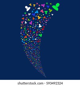 User random fireworks stream. Vector illustration style is flat bright multicolored iconic symbols on a blue background. Object fountain done from scattered icons.