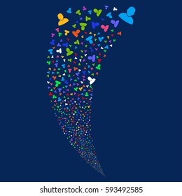 User random fireworks stream. Vector illustration style is flat bright multicolored iconic symbols on a blue background. Object fountain done from scattered design elements.