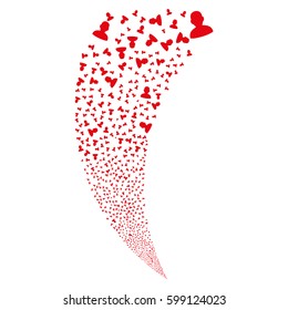 User random fireworks stream. Vector illustration style is flat red iconic symbols on a white background. Object fountain constructed from scattered symbols.