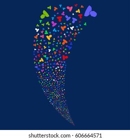 User random fireworks stream. Vector illustration style is flat bright multicolored iconic symbols on a blue background. Object fountain constructed from scattered icons.