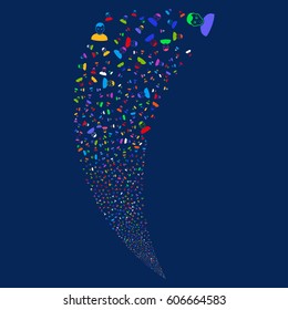 User random fireworks stream. Vector illustration style is flat bright multicolored iconic symbols on a blue background. Object fountain done from scattered symbols.