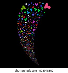 User random fireworks stream. Vector illustration style is flat bright multicolored iconic symbols on a black background. Object fountain combined from scattered pictograms.
