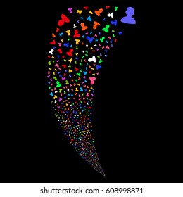 User random fireworks stream. Vector illustration style is flat bright multicolored iconic symbols on a black background. Object fountain constructed from scattered symbols.