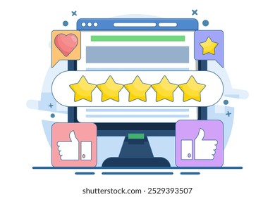 User rating concept, Customer feedback, best quality rating by clients, five star rating, high quality product or good quality service, Best star rating, flat vector illustration.