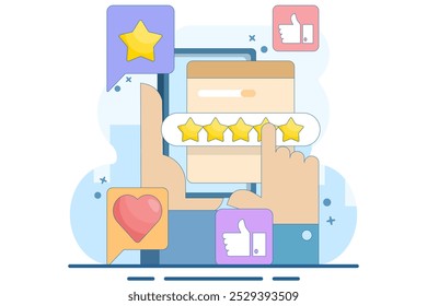 Concepto de calificación de usuario, Comentarios Cliente, mejor calificación de calidad por clientes, calificación de cinco estrellas, producto de alta calidad o servicio de buena calidad, mejor calificación de estrellas, Ilustración vectorial plana.