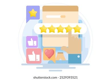 User rating concept, Customer feedback, best quality rating by clients, five star rating, high quality product or good quality service, Best star rating, flat vector illustration.
