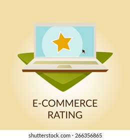 User rating. Ecommerce laptop on basement illustration. Vector illustration.