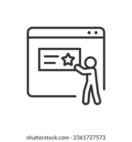 User rating and feedback, linear icon. Person leaves a review and rating on the site. Line with editable stroke