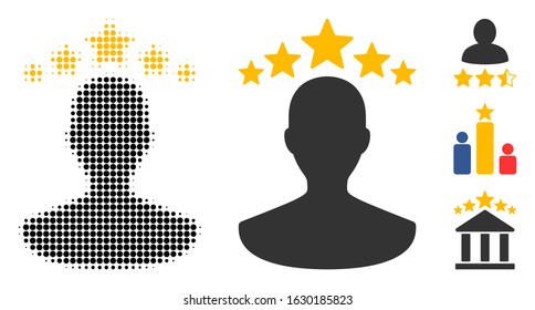User rating halftone vector icon and solid version. Illustration style is dotted iconic User rating icon symbol on a white background. Halftone matrix is circle dots. Some bonus pictograms.
