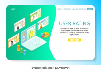 User rating landing page website template. Vector isometric illustration of computer with customer review messages.