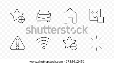 User rating set icon. Star add, car front, house, emoji face, alert triangle, wifi, star remove, brightness drawn in outlined style with transparent background
