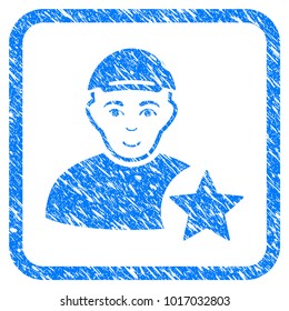 User Rating Star rubber seal watermark. Icon vector symbol with scratched design and dirty texture in rounded square. Scratched blue stamp imitation. Male face has positive emotions.