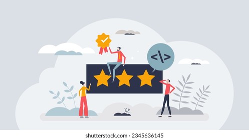 User ratings and product reviews as satisfaction feedback tiny person concept. Rate quality and give stars for performance vector illustration. Customer experience survey and result evaluation score.