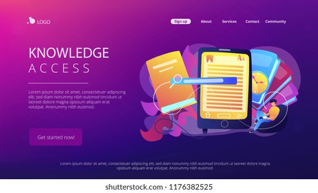 User reading ebook on tablet and books. Searchable digital library, education online, e-learning, easy access knowledge and transportation concept, violet palette. Website landing web page.