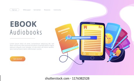 Benutzer lesen e-Book auf Tablet und Bücher. Suchbare digitale Bibliothek, Bildung online, E-Learning, einfach Zugang Wissen und Transport Konzept, violette Palette. Website-Landing-Webseite.
