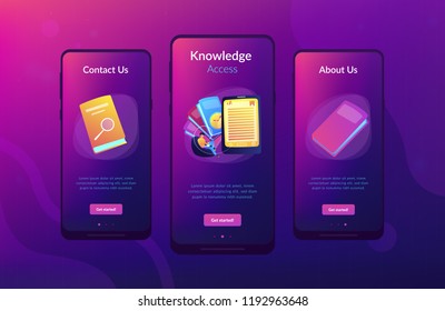User reading ebook on tablet and books. Searchable digital library, education online, e-learning, easy access knowledge and transportation concept, violet palette. App interface template.