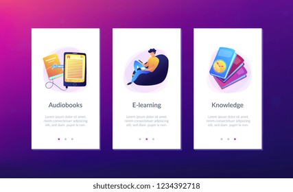 User reading ebook on tablet and books. Searchable digital library, education online, e-learning, easy access knowledge and transportation concept, violet palette. App interface template.