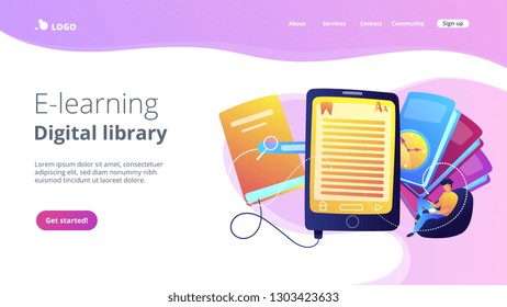 User reading ebook on tablet and books. Searchable digital library, education online, e-learning, easy access knowledge and transportation concept, violet palette. Website landing web page.