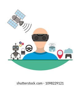 user with reality virtual mask and set icons technology