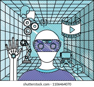user with reality virtual mask and set icons technology