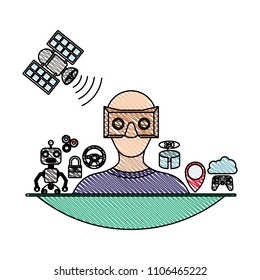 user with reality virtual mask and set icons technology