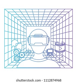 user with reality virtual mask and set icons technology
